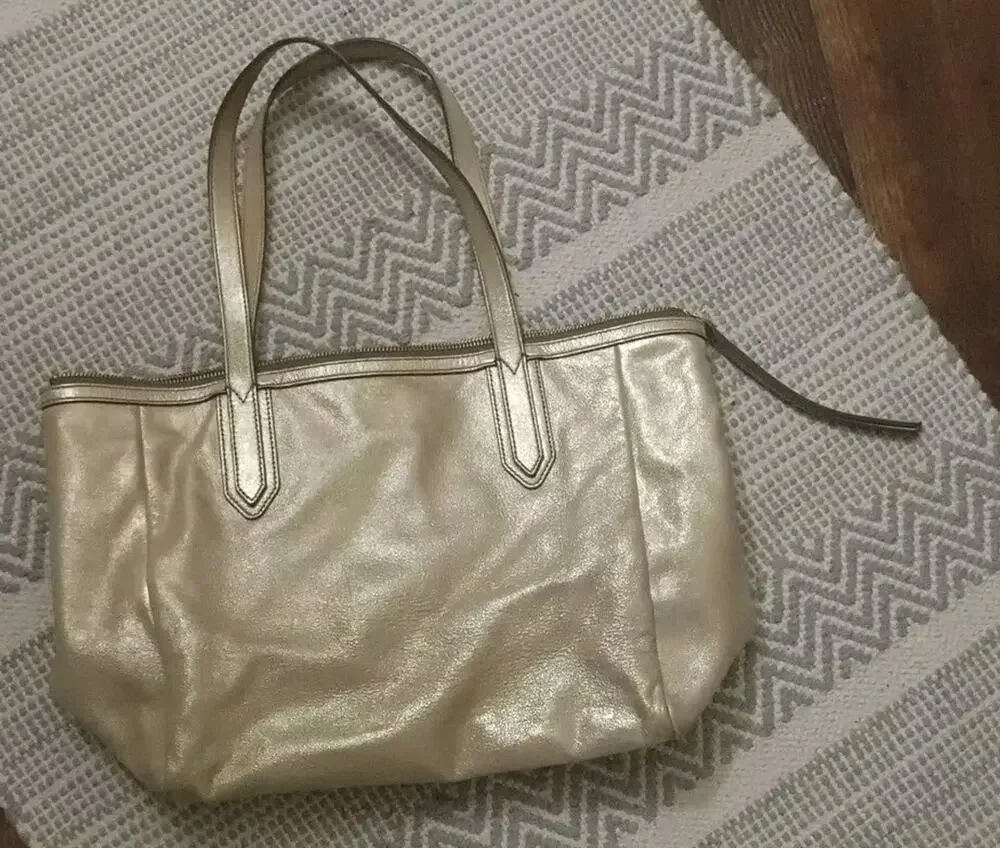 Fossil Sydney Soft Gold Metallic Leather Tote Bag Vintage Shoulder Bag